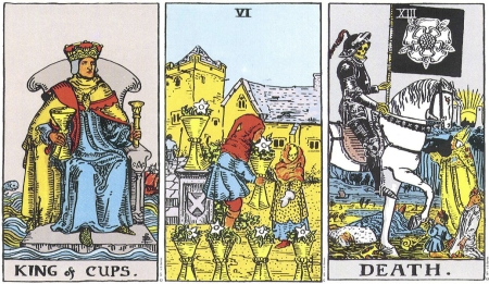 King of Cups, Six of Cups, Death -- RWS Tarot deck. King of Cups, Six of Cups, Death -- RWS Tarot deck.