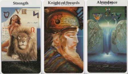 Strength, Knight of Swords, Three of Cups -- Röhrig-Tarot deck. Strength, Knight of Swords, Three of Cups -- Röhrig-Tarot deck.