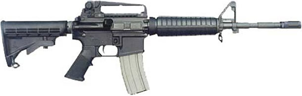 .223 caliber Bushmaster semiautomatic rifle .223 caliber Bushmaster semiautomatic rifle, which was used to commit the massacre at the Sandy Hook Elementary School. Also known as an M4, this is an assault weapon, and we are told it was legally owned by the the killer's mother.