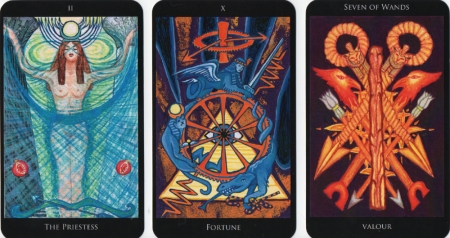 The Priestess, Fortune, Seven of Wands -- Rosetta Tarot deck. The Priestess, Fortune, Seven of Wands -- Rosetta Tarot deck.