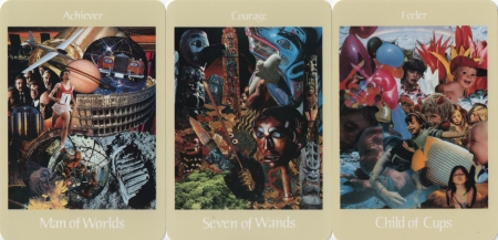 Man of Worlds, Seven of Wands, Child of Cups -- Voyager Tarot deck. Man of Worlds, Seven of Wands, Child of Cups -- Voyager Tarot deck.