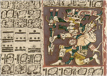 Sample of page 2 of what's called the Dresden Codex -- considered the most complete of the three undisputably authentic Mayan codices. The names of the codices indicate where they were kept originally. It is the oldest book written in the Americas known to historians, created by scribes who were copying much older documents. It's believed to have been a gift of Cortez to King Charles I of Spain in 1519. It contains a lot of information about rainy seasons, floods, illness and medicine, as well as planetary tables -- but nothing about the 'end of the world'.