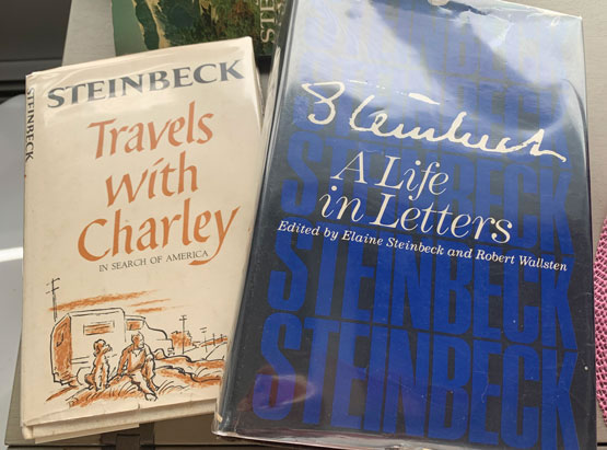 Collectors’ editions of two of Steinbeck books, including a copy of A Life in Letters signed by Elaine Steinbeck, his last wife and editor of the project. Photo by Eric Francis.