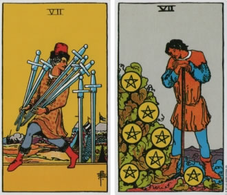 Seven of Swords and Seven of Pentacles - RWS Tarot deck. Seven of Swords and Seven of Pentacles - RWS Tarot deck.