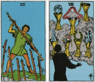 Seven of Wands and Seven of Cups - RWS Tarot deck. Seven of Wands and Seven of Cups - RWS Tarot deck.