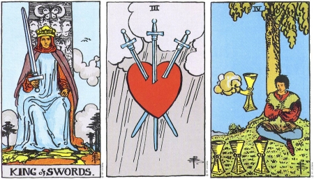 King of Swords, Three of Swords, Four of Cups -- RWS Tarot deck. King of Swords, Three of Swords, Four of Cups -- RWS Tarot deck.