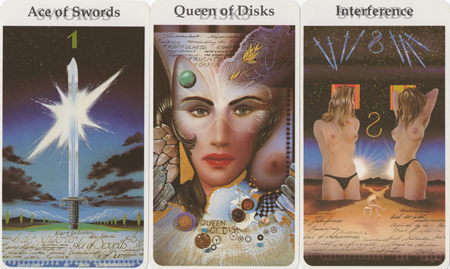Ace of Swords, Queen of Disks, Eight of Swords -- Rohrig Tarot deck. Ace of Swords, Queen of Disks, Eight of Swords -- Rohrig Tarot deck.