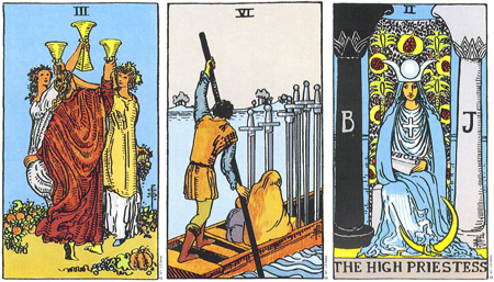 Three of Cups, Six of Swords, The High Priestess -- RWS Tarot deck. Three of Cups, Six of Swords, The High Priestess -- RWS Tarot deck.