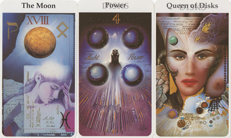 The Moon, Four of Disks, Queen of Disks -- Rohrig Tarot deck. The Moon, Four of Disks, Queen of Disks -- Rohrig Tarot deck.