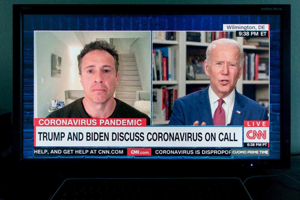  CNN’s Chris Cuomo, confined to his basement because of his coronavirus infection, interviewed Joe Biden on April 7. Photo: Brian Cahn/Zuma Press 