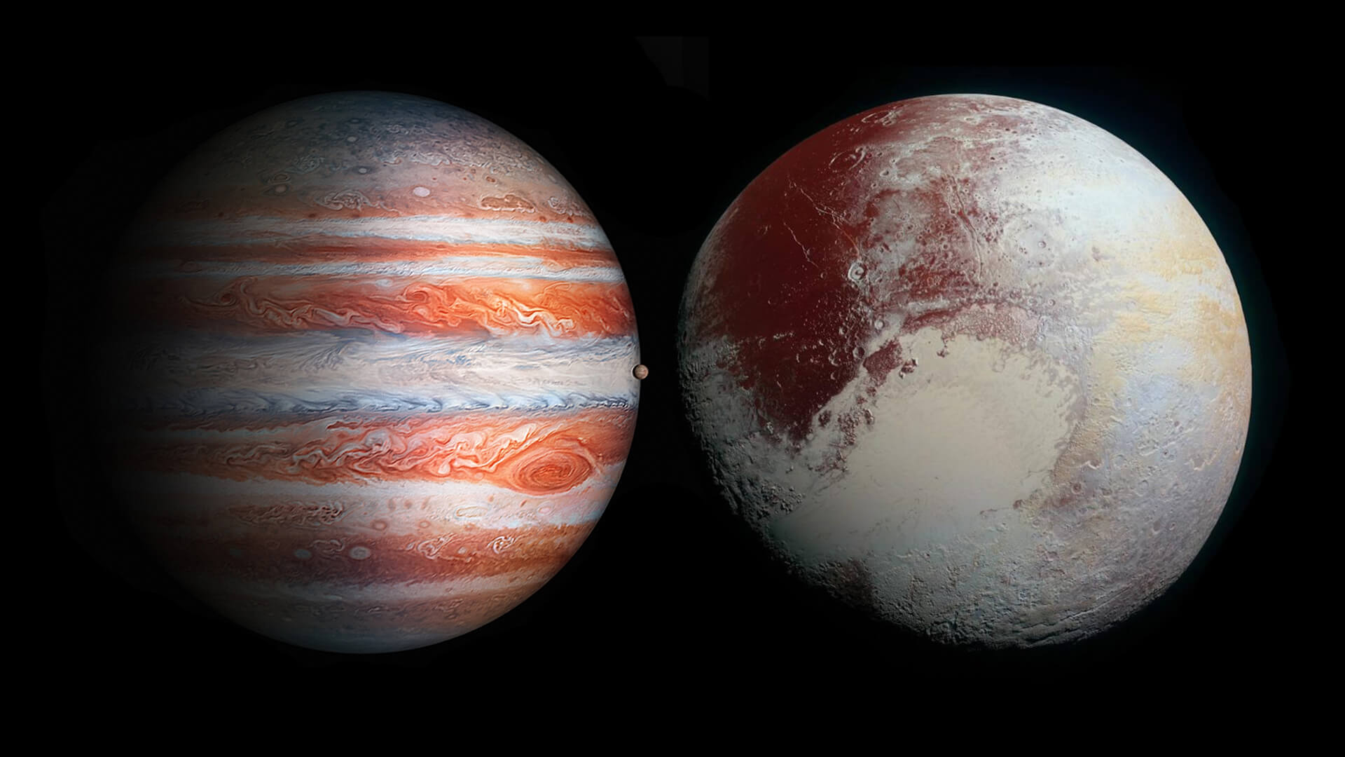 Jupiter conjunct Pluto, except that Pluto is much closer to the size of tha...