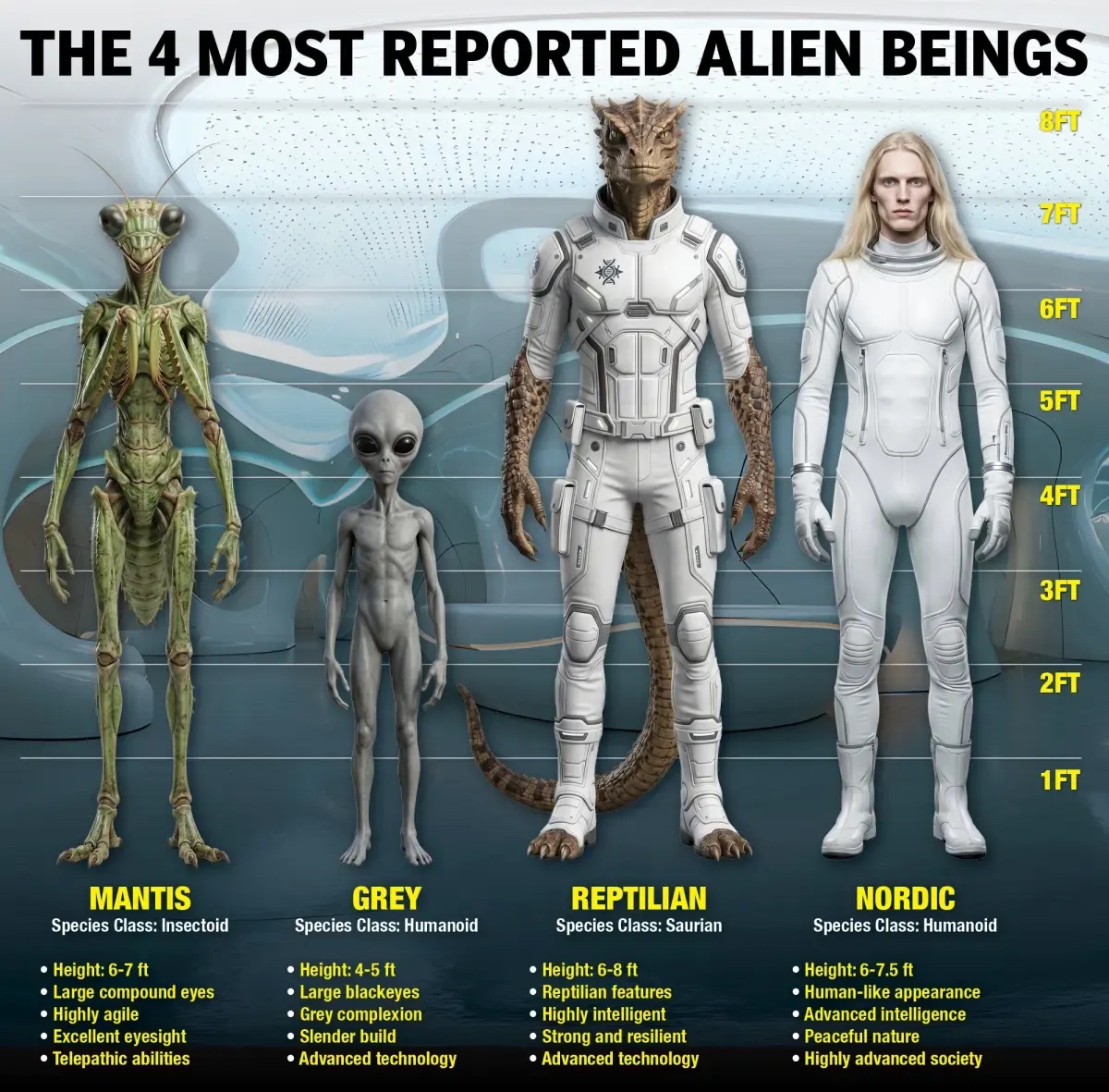 Image showing the four most reported alien beings from The New York Post.