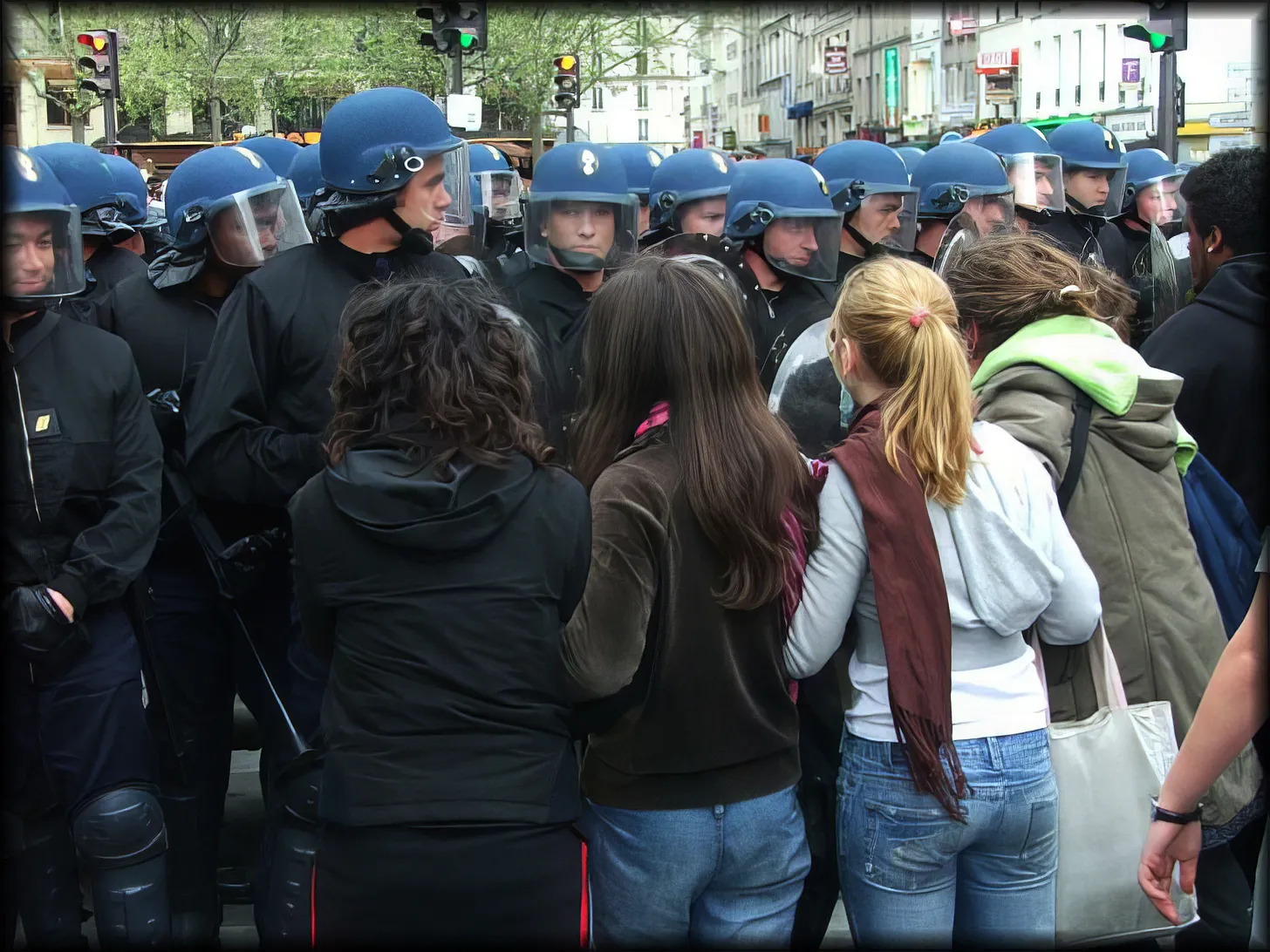 High school girls facing a line of police in Paris.